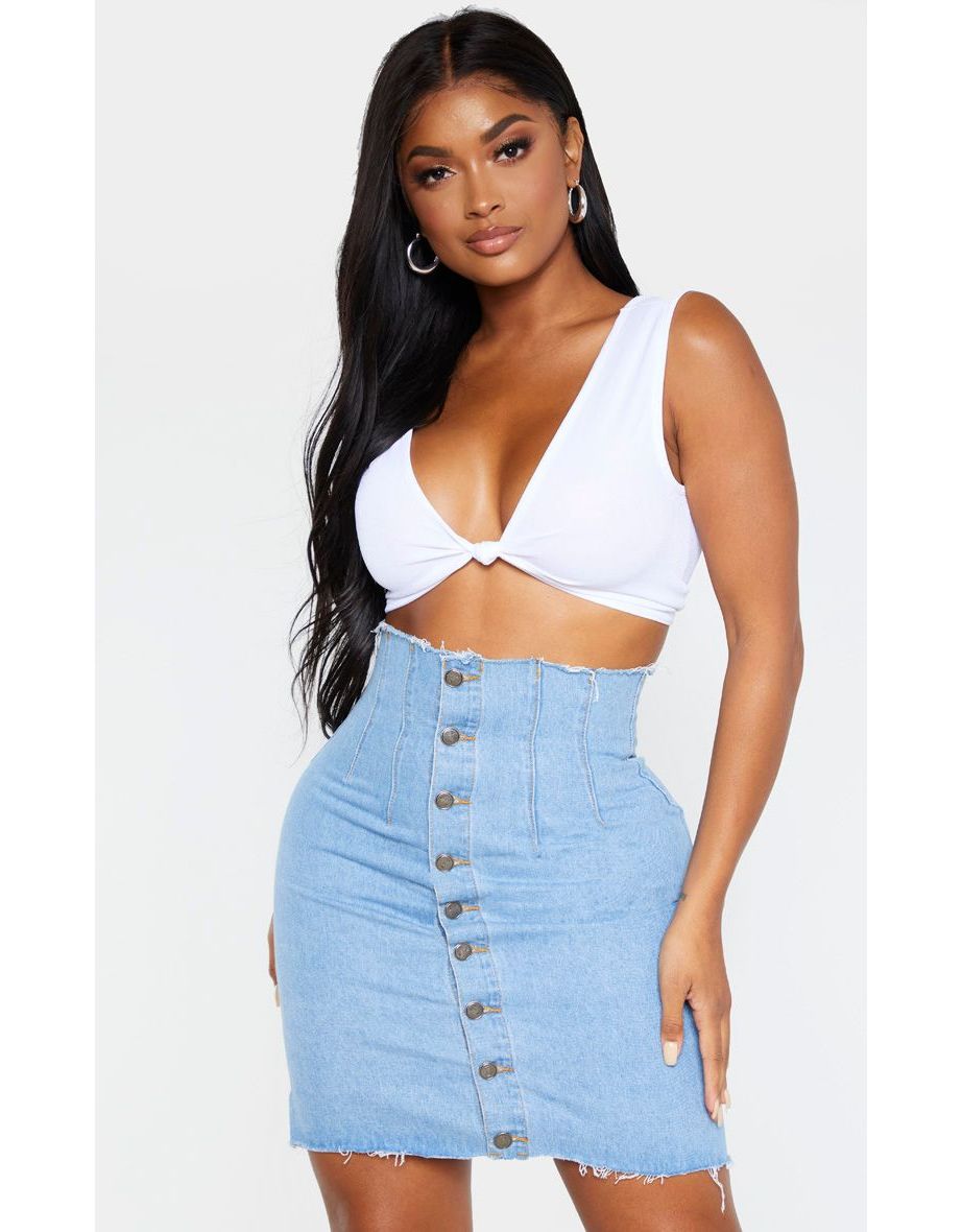 Shape Light Wash Button Front Seam Detail Denim Skirt