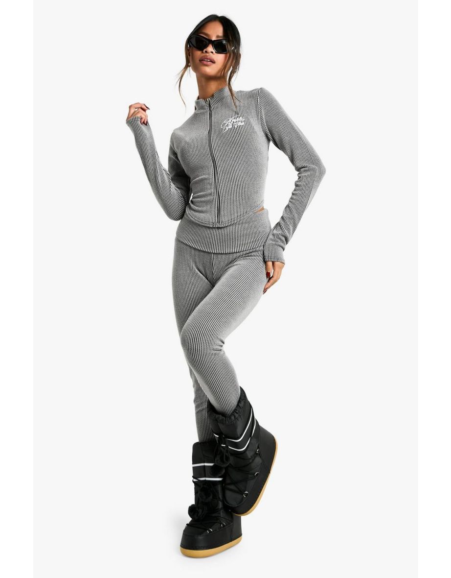 Après Ski Rib zip up top and fold over legging set - charcoal