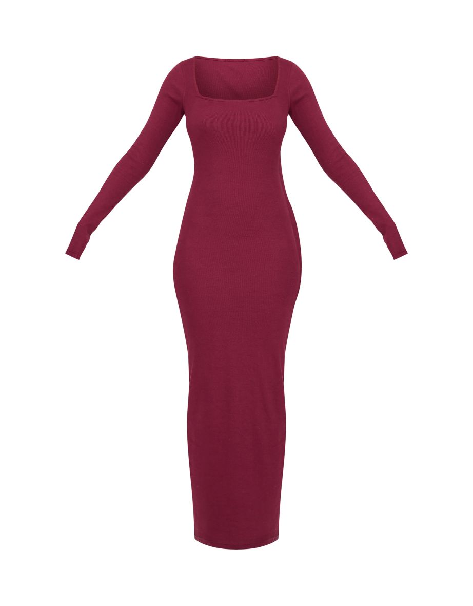 Tall Burgundy Square Neck Long Sleeve Rib Maxi Dress - 4