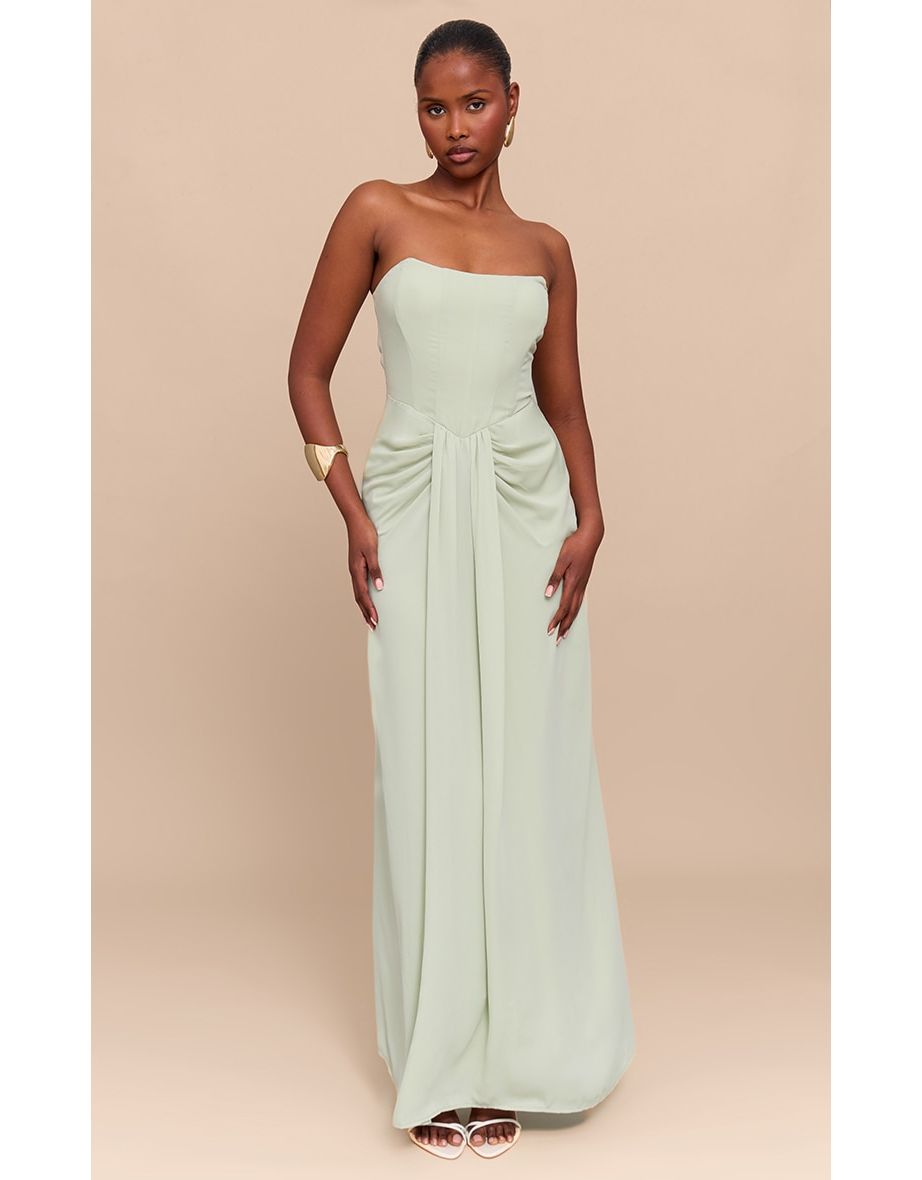 Sage Green Bandeau Corset Drape Detail Maxi Dress