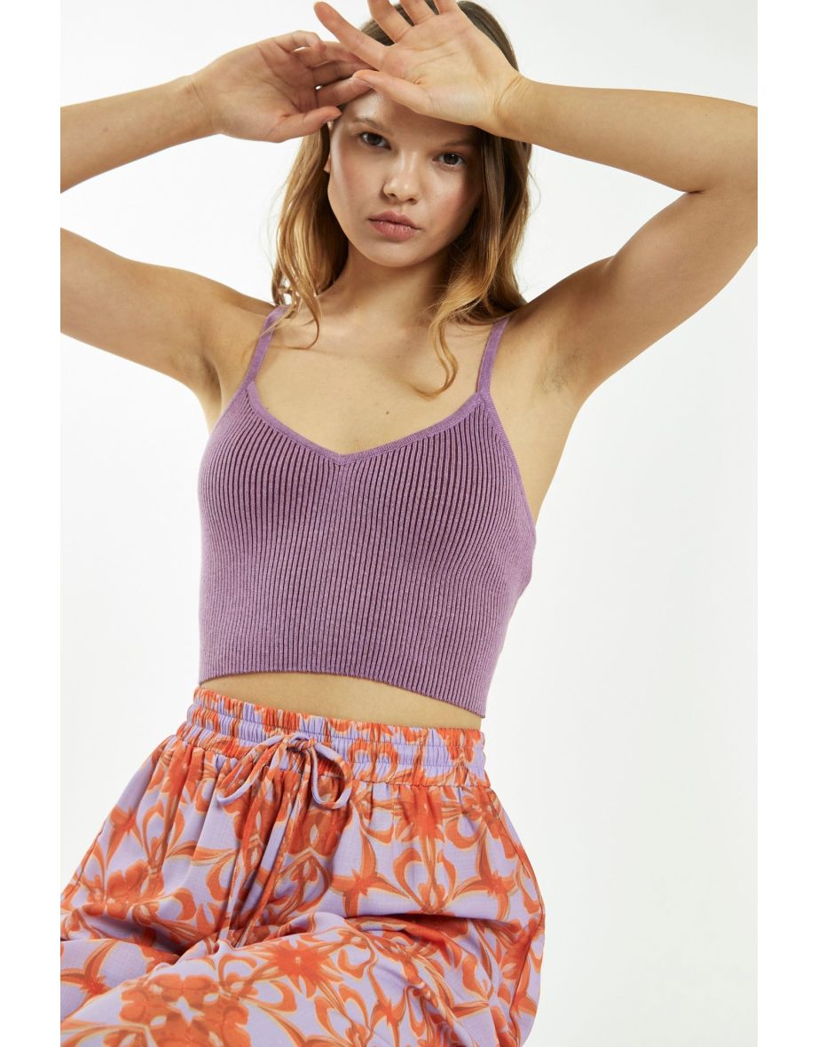 Lilac-Brown Rib Knit Crop Top