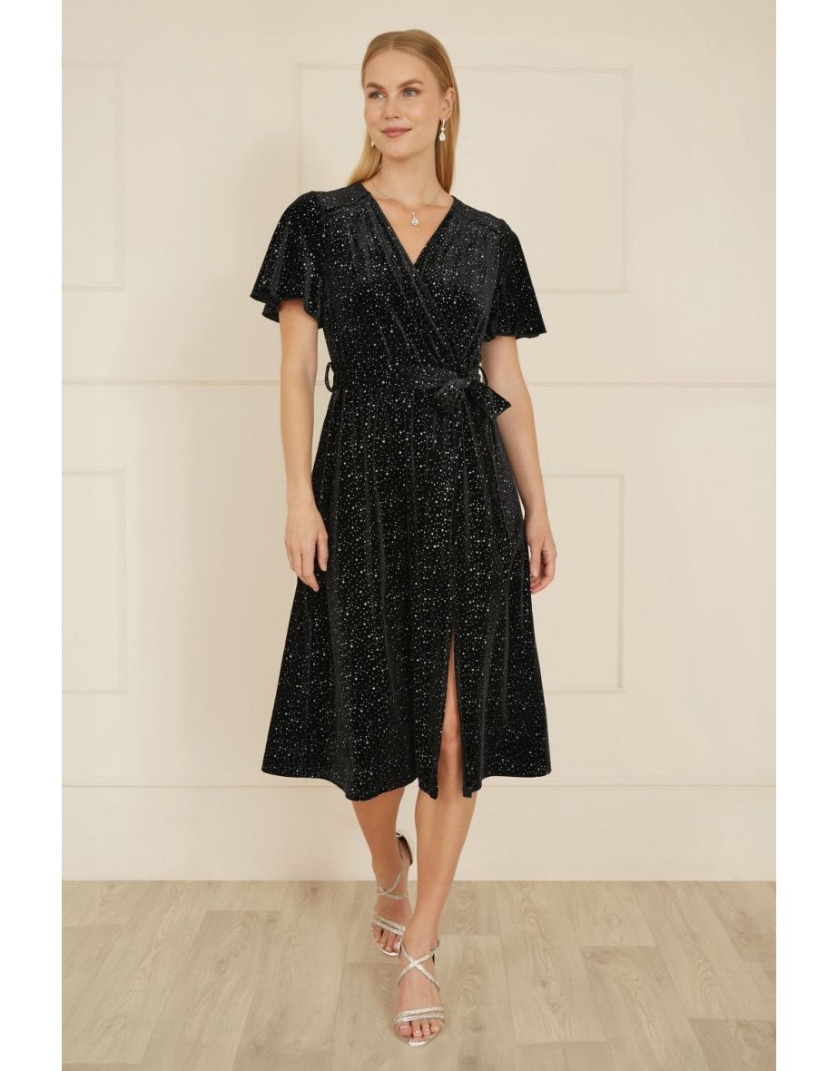 Yumi Black Velvet Sparkle Wrap Midi Dress
