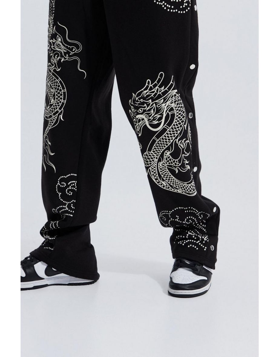 Tall Relaxed Side Popper Dragon Print Joggers - black - 2