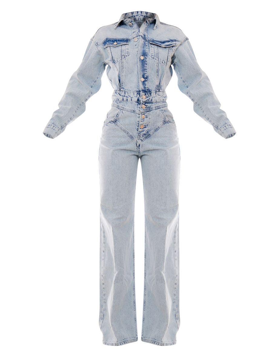 Light Blue Wash Seam Detail Button Up Denim Jumpsuit - 4