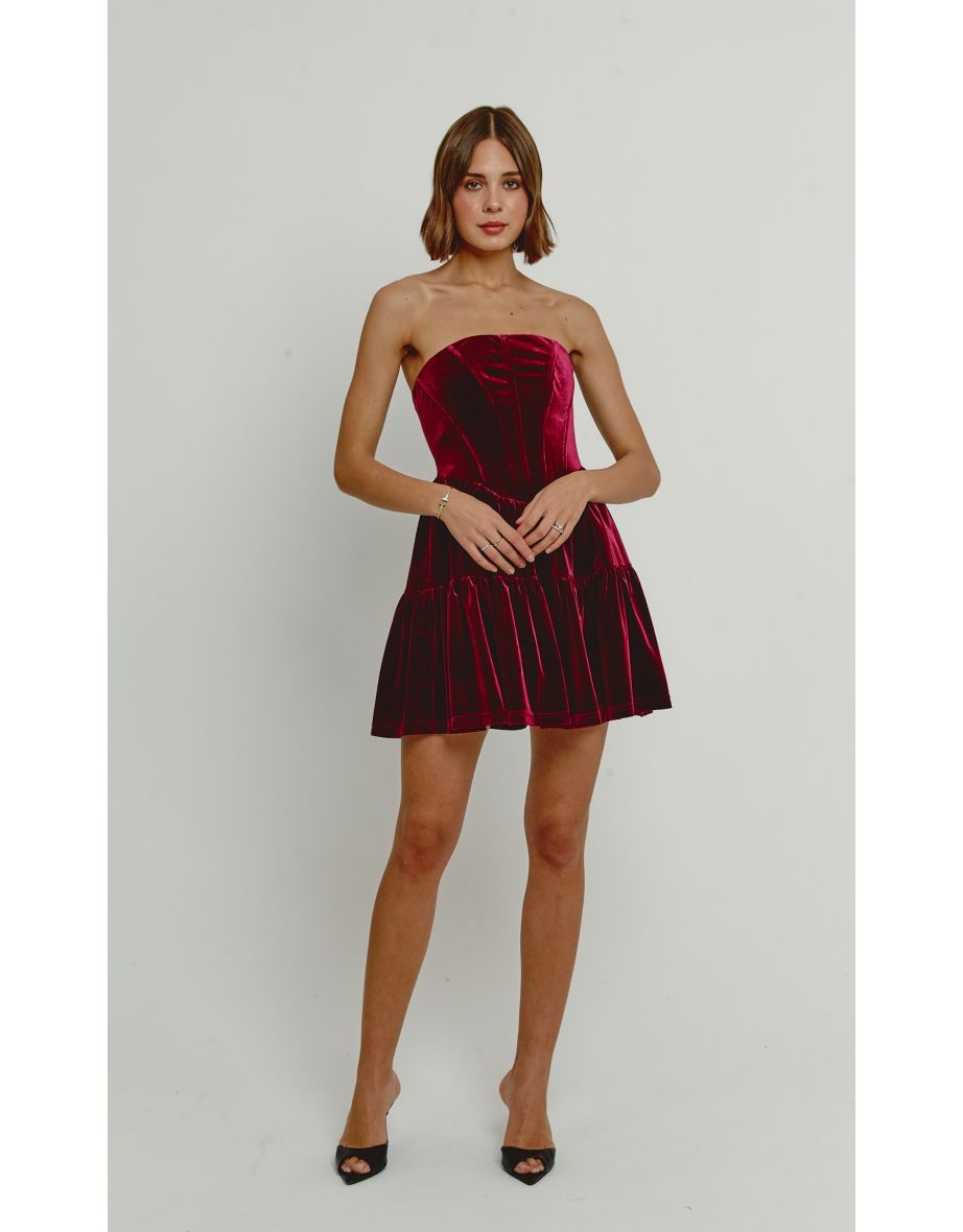 Wine Velvet Bandeau Mini Dress With Bows