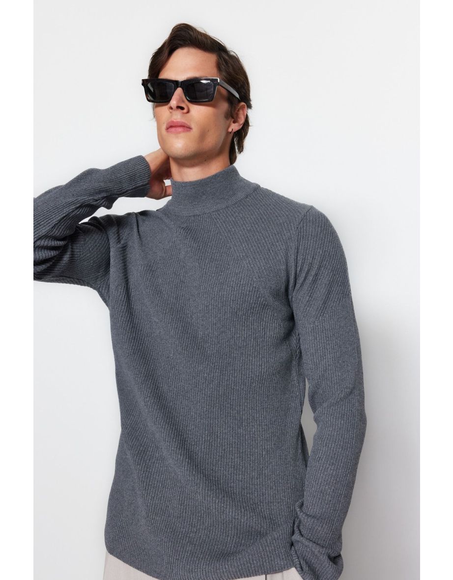 Dark Gray Fitted Slim Fit Half Turtleneck Corduroy Knitwear Sweater