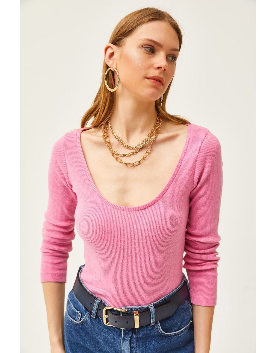 Woman's Pink Pool Collar Raised Lycra Blouse - 4