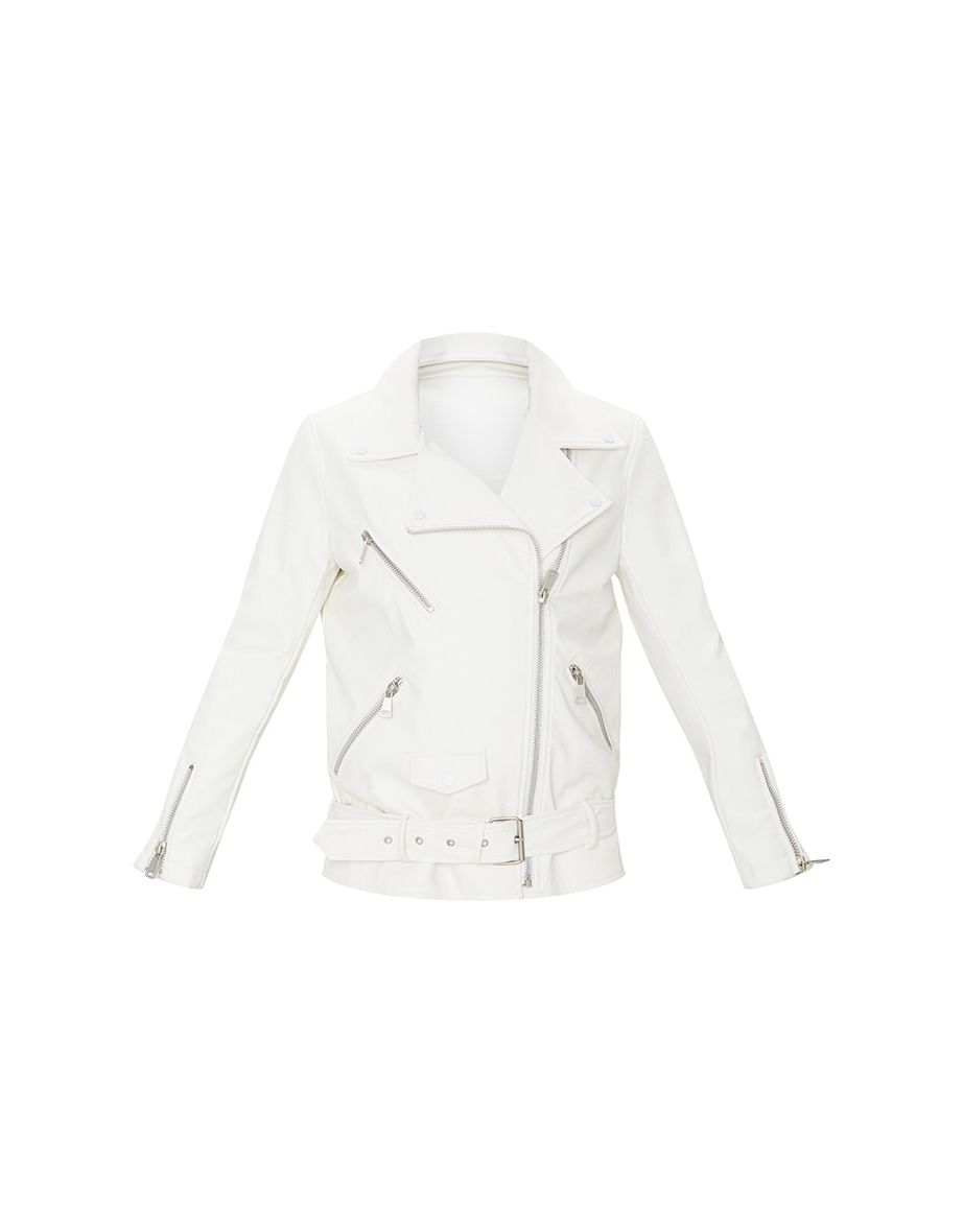 White Oversized Faux Leather Zip Detail Biker Jacket - 4