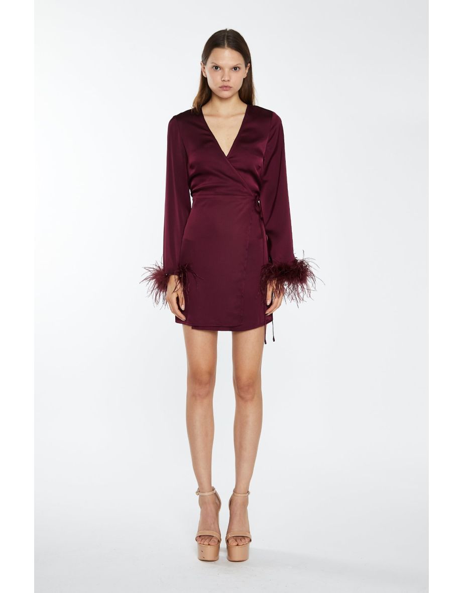 Shop Deep Burgundy Satin Feather Trim Wrap Mini Dress Online in Bahrain VogaCloset