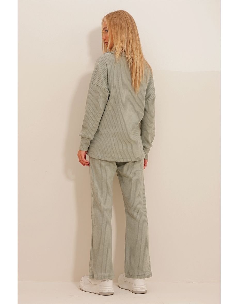 Women's Green Polo Neck Top and Palazzo Trousers Knitwear Bottom and Top Set - 4