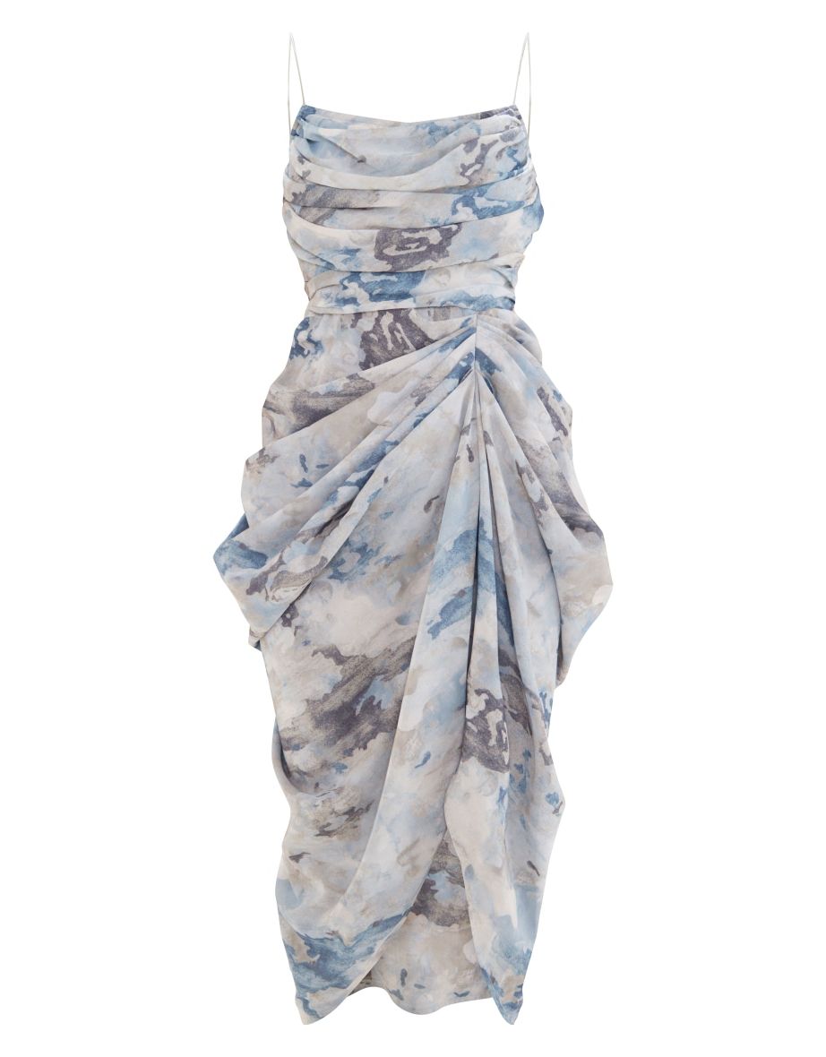 Grey Abstract Print Chiffon Ruched Drape Midaxi Dress - 4