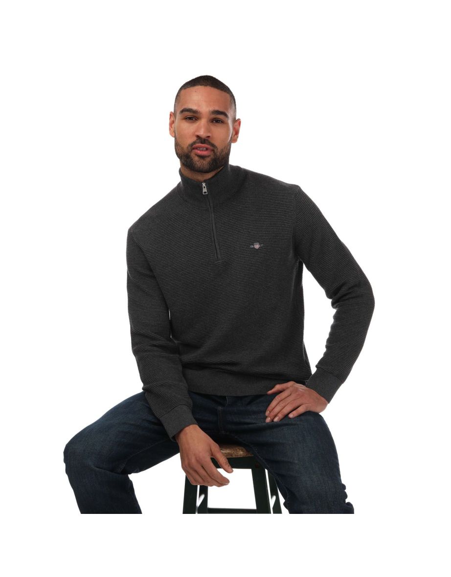 Men's Gant Textured Cotton Half-Zip Jumper in Grey - 3