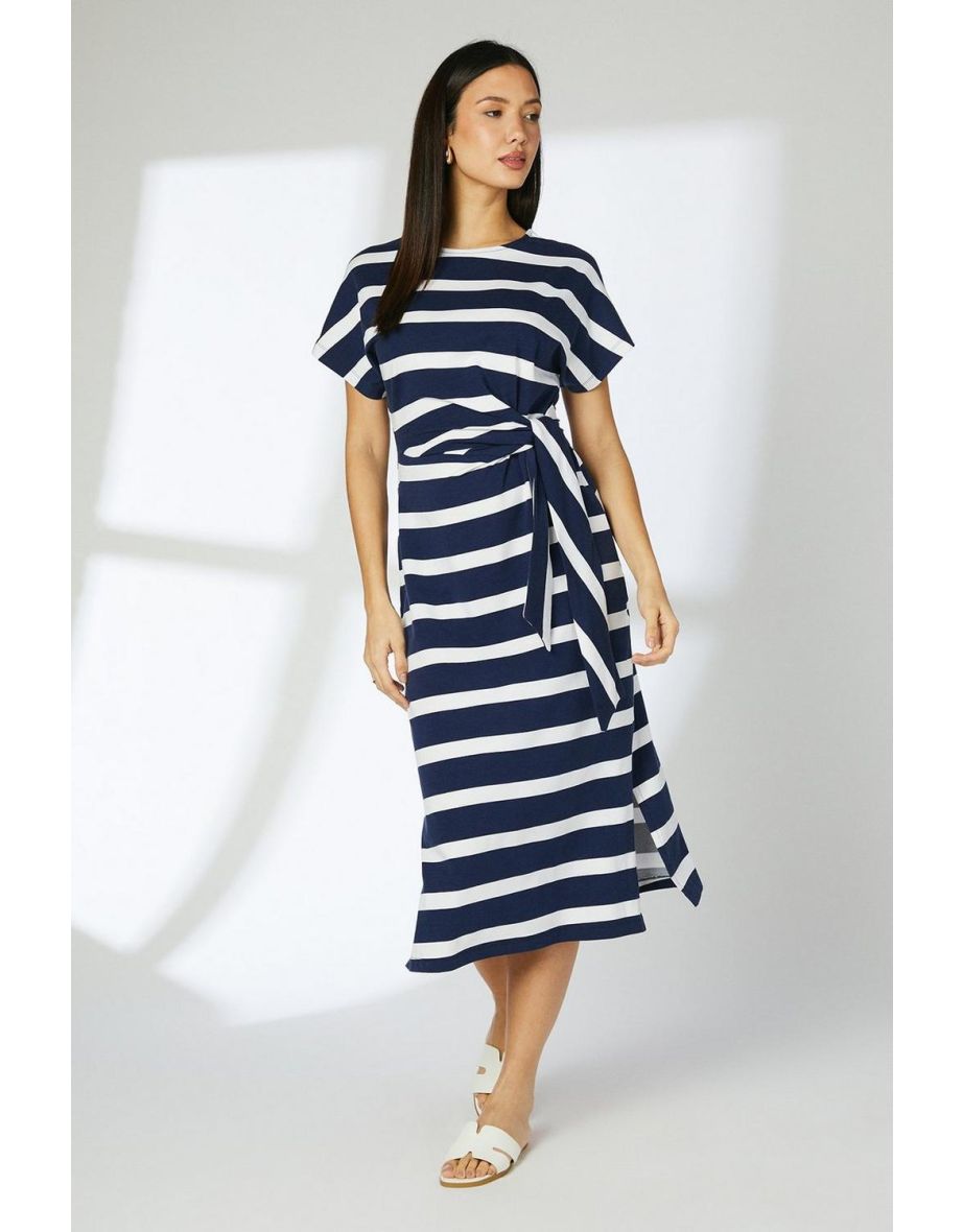 Navy Stripe Jersey Side Tie T-Shirt Dress
