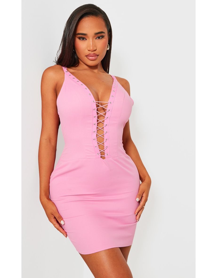 Shape Candy Pink Woven Lace Up Front Bodycon Dress