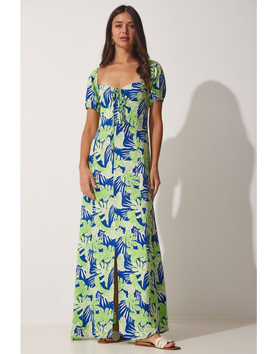 Women's Navy Blue Green Floral Viscose Summer Dress
