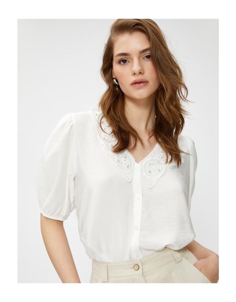 Stoned Scallop Collar Shirt Balloon Sleeve