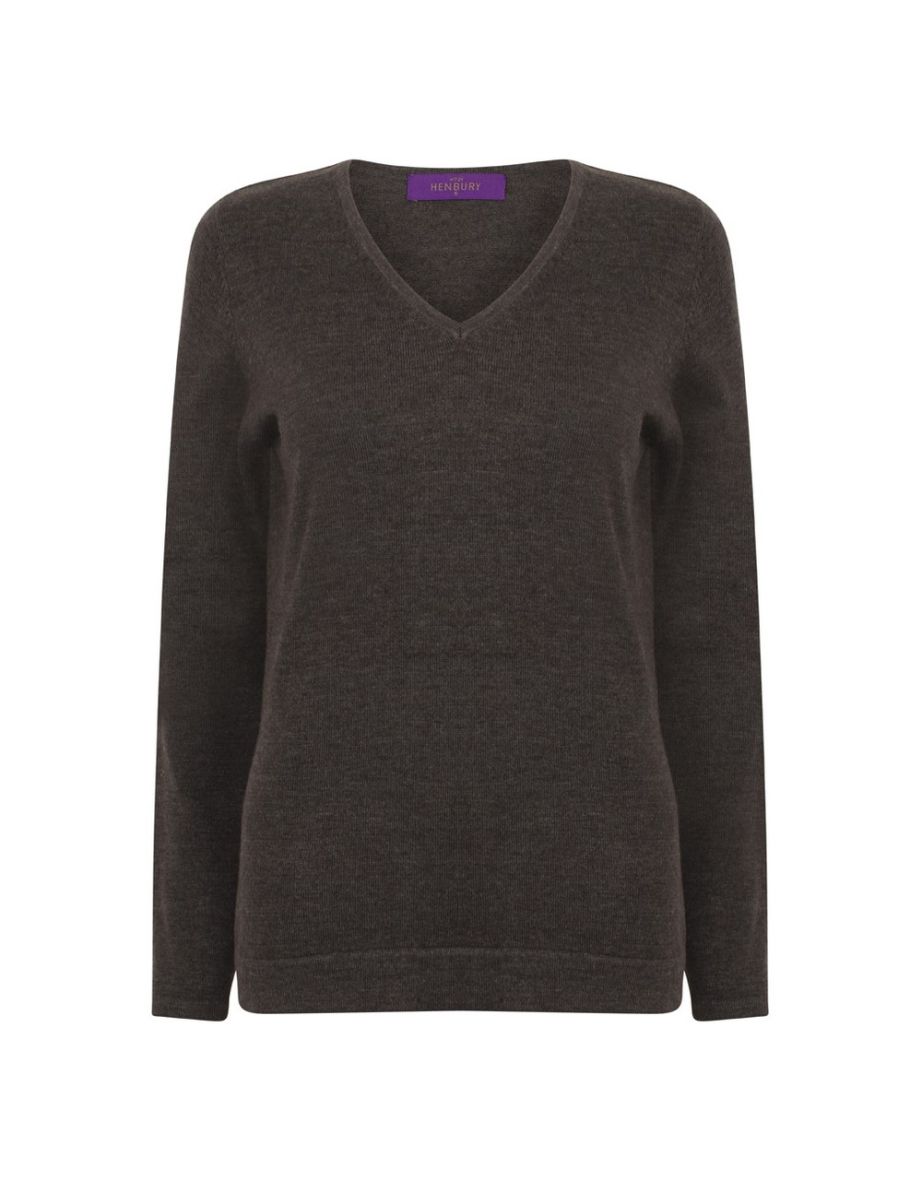 Henbury Womens/Ladies Cotton Acrylic V Neck Sweatshirt - Grey Marl