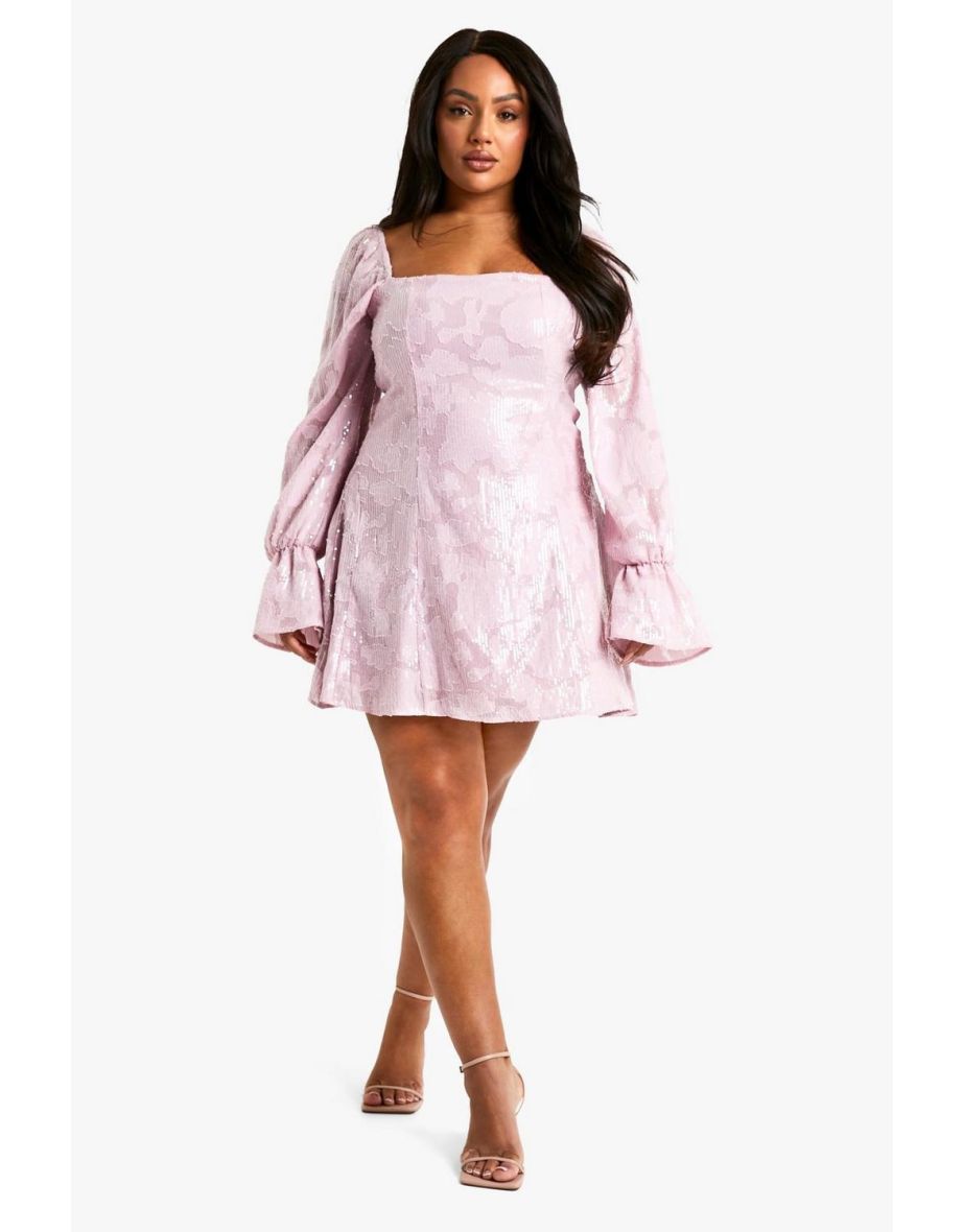 Plus Floral Sequin Long Sleeve Skater Dress - pink