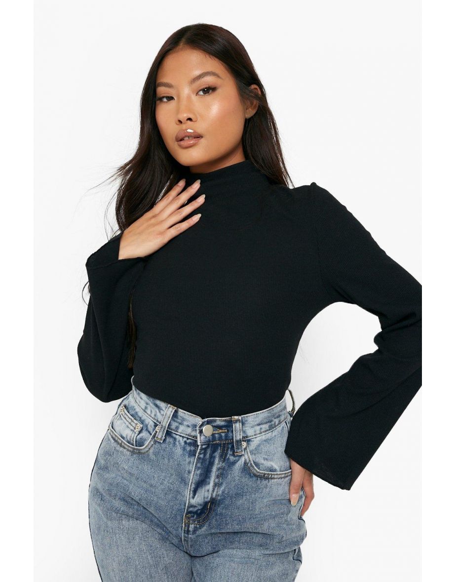 Petite Flare Sleeve Roll Neck Top - black - 3