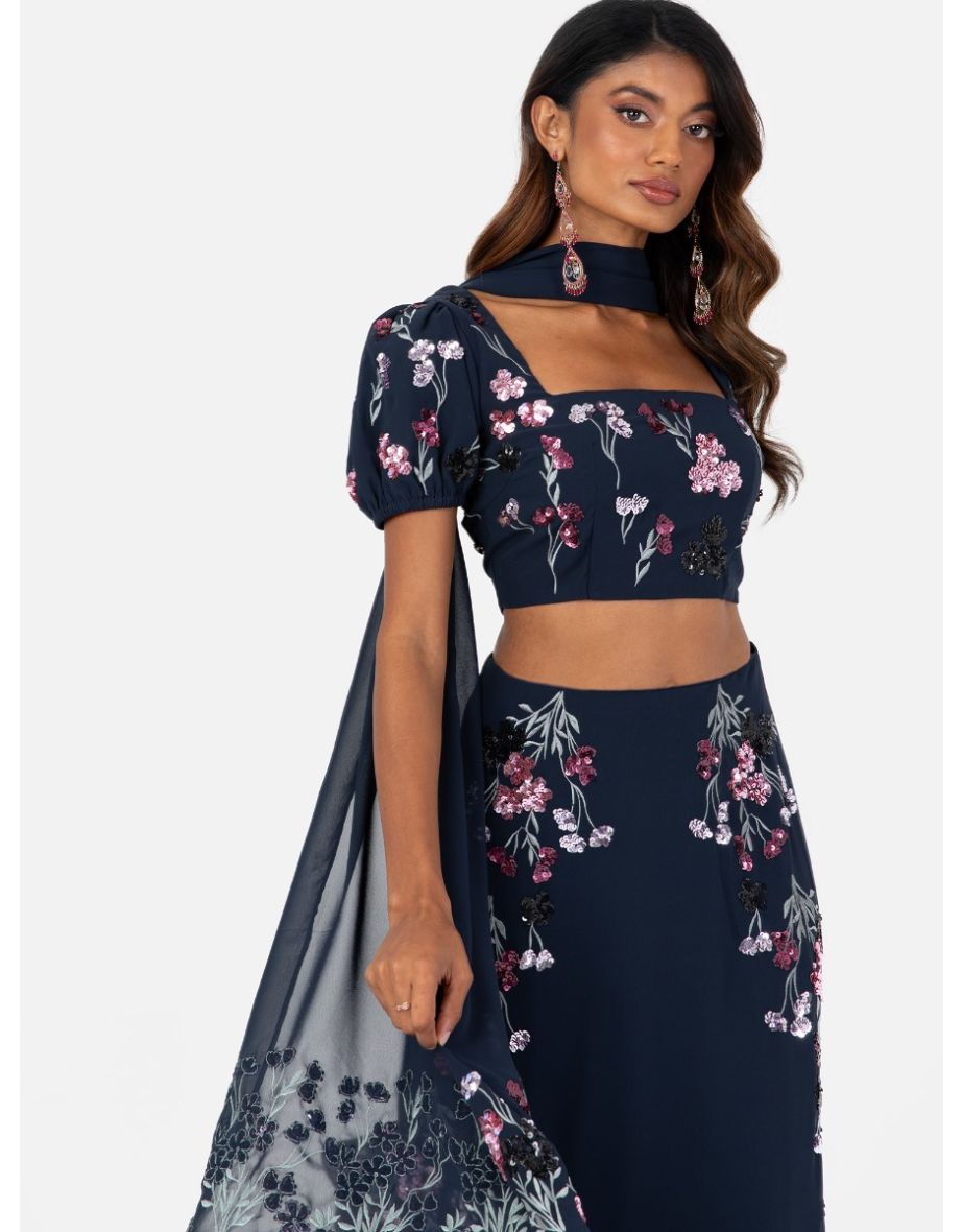 Maya Navy Floral Sequin & Embroidery Lehenga Crop Top - 2