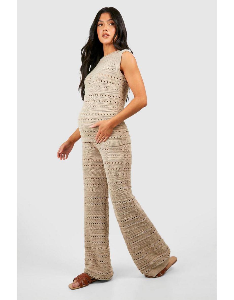 Maternity Crochet Tunic And Wide Leg Trouser Knitted Set - stone