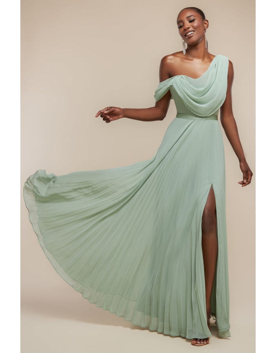 Goddiva Cowl Neck One Shoulder A-Line Chiffon Maxi Dress - Sage Green