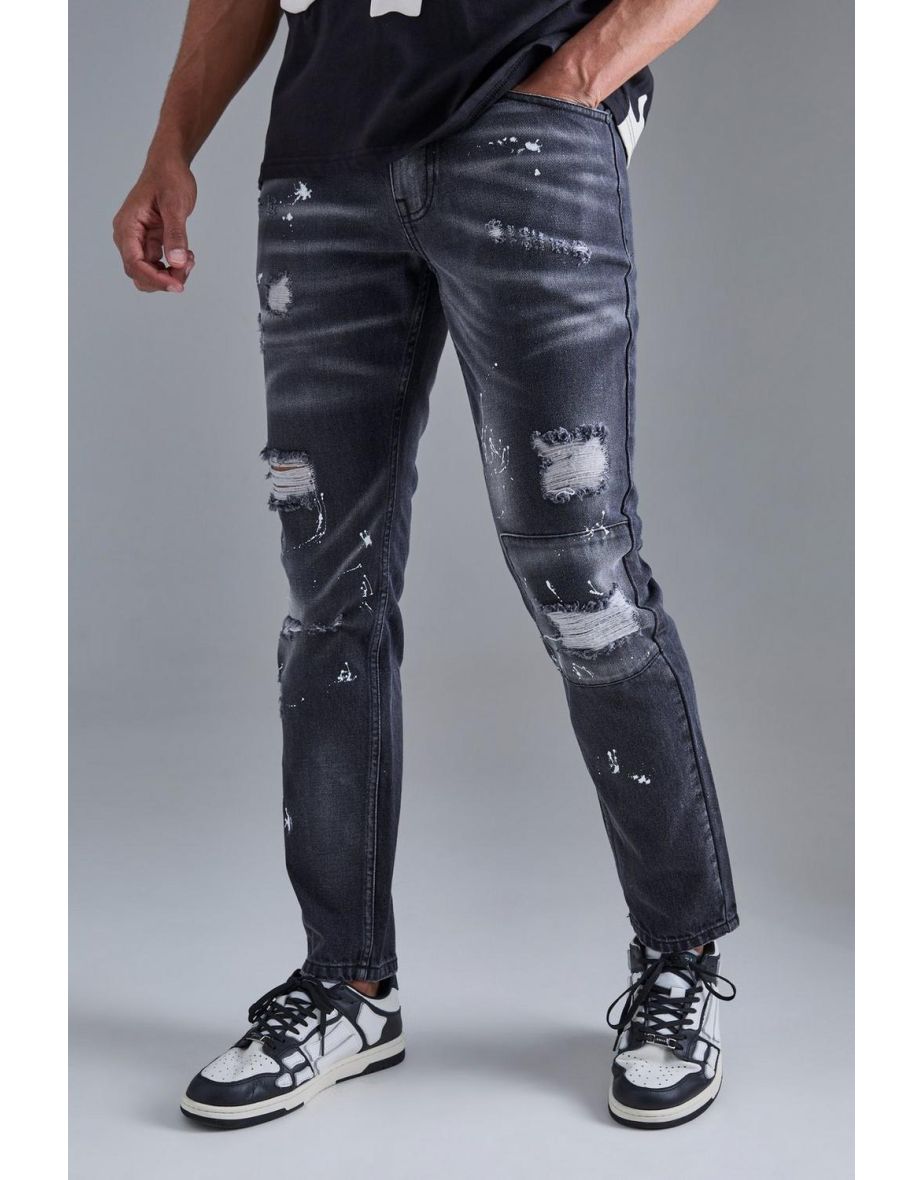 Slim Rigid All Over Paint Detail Knee Ripped Jeans - washed black