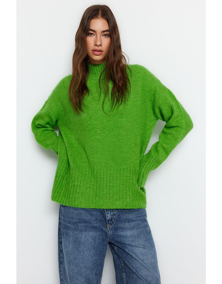 Green Wide Fit Soft Textured Basic Basic Knitwear Sweater