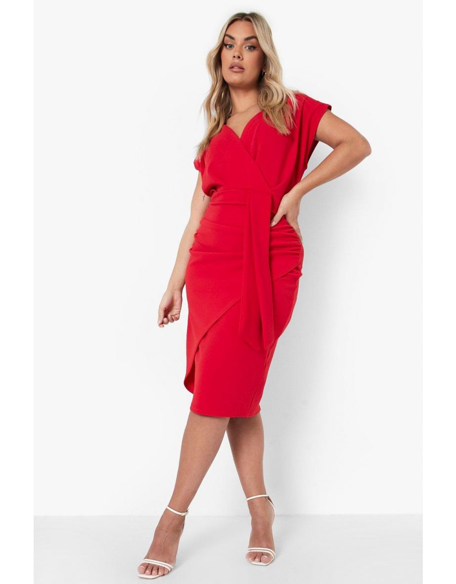 Plus Bardot Wrap Front Belted Midi Dress - red