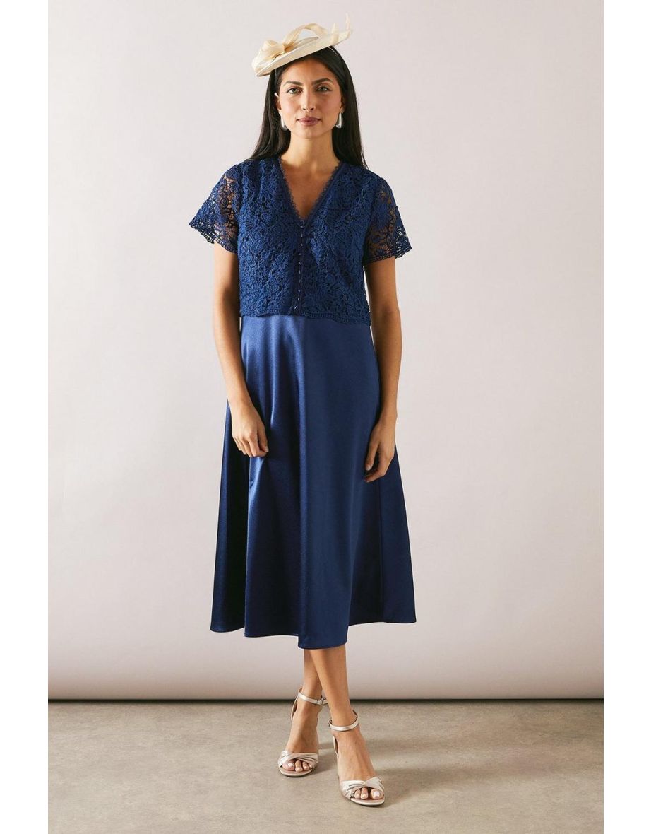 Lace Overlay Full Skirt Midi Dress
