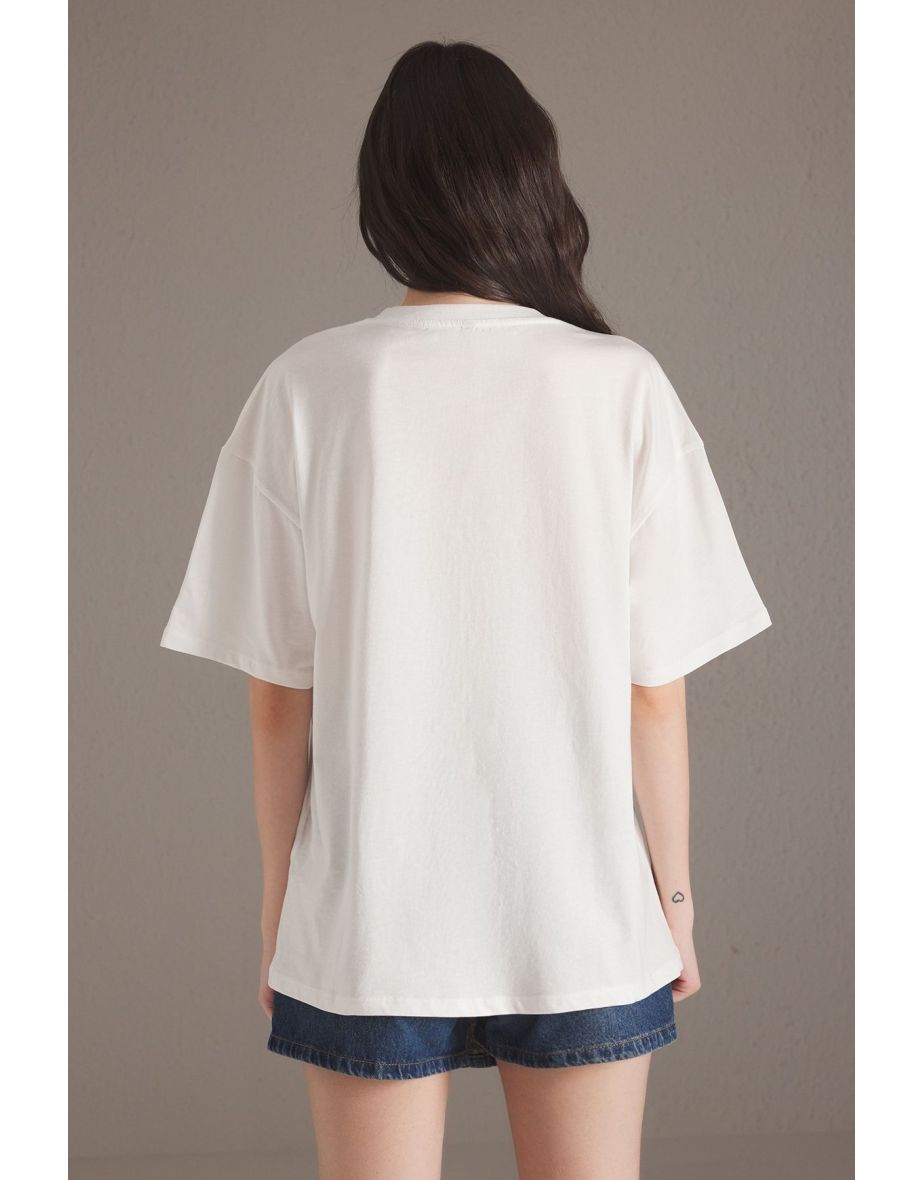 Ecru 100% Cotton Oversize/Wide Pattern Printed Knitted T-Shirt - 3