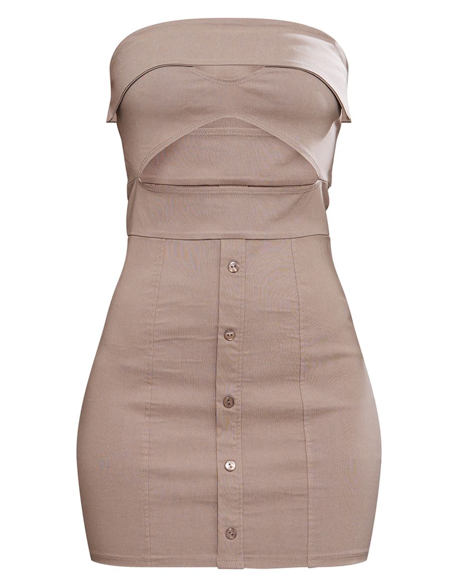 Taupe Bandeau Cut Out Button Down Bodycon Dress - 4