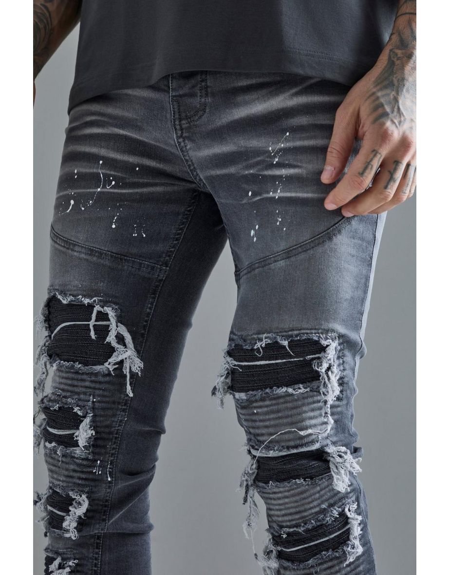 Tall Super Skinny Pu Biker Rip & Repair Paint Splatter Jeans - grey - 2