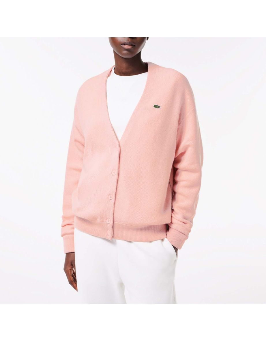 Women's Lacoste Relaxed Fit V-Neck Wool Cardigan in Pink