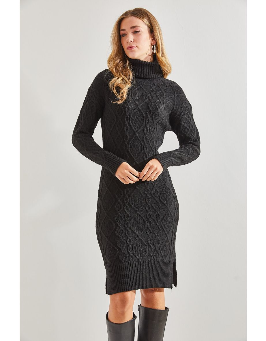 Women's Hair Braided Turtleneck Knitwear Dress - 5