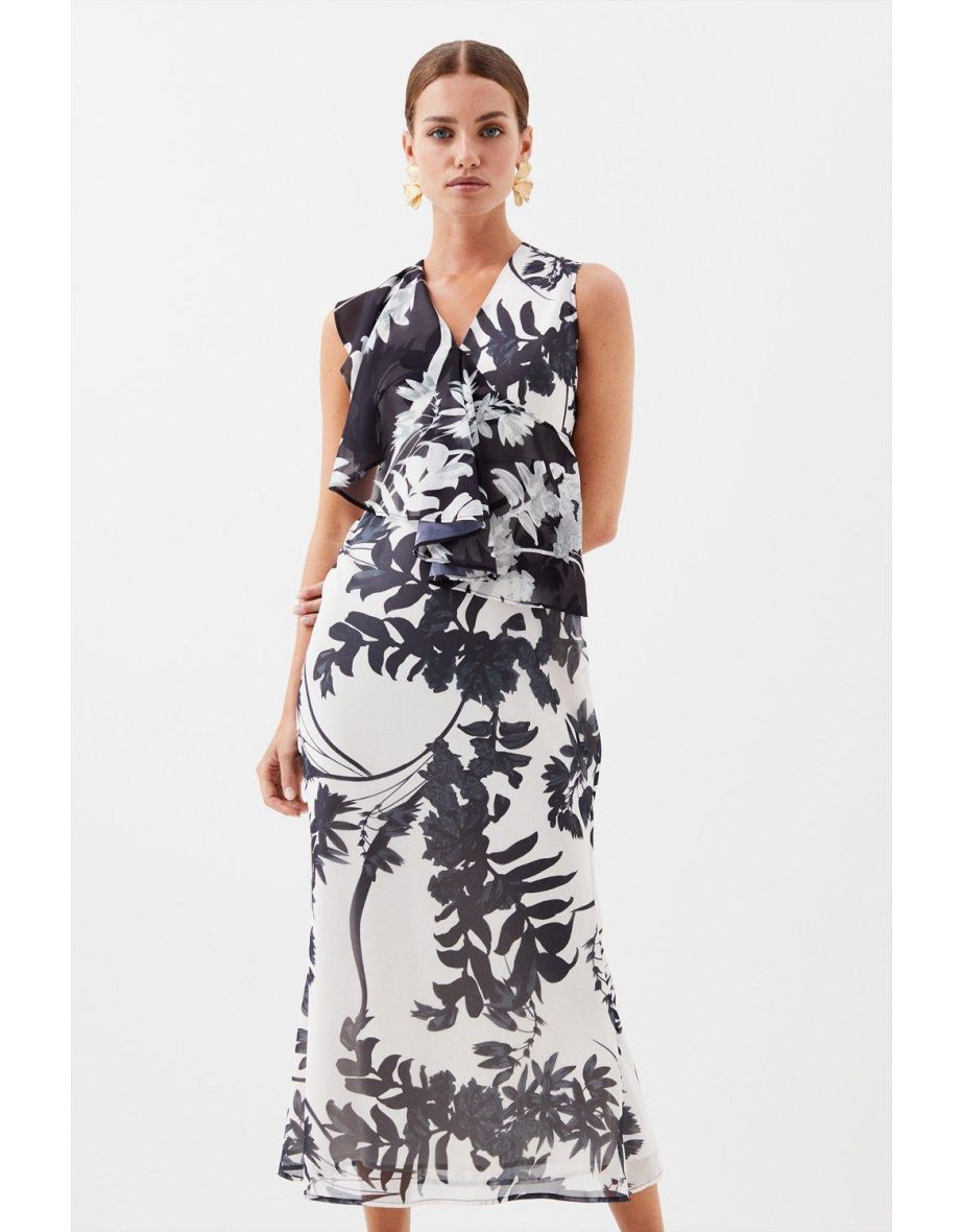 Petite Mono Floral Georgette Ruffle Front Midi Dress