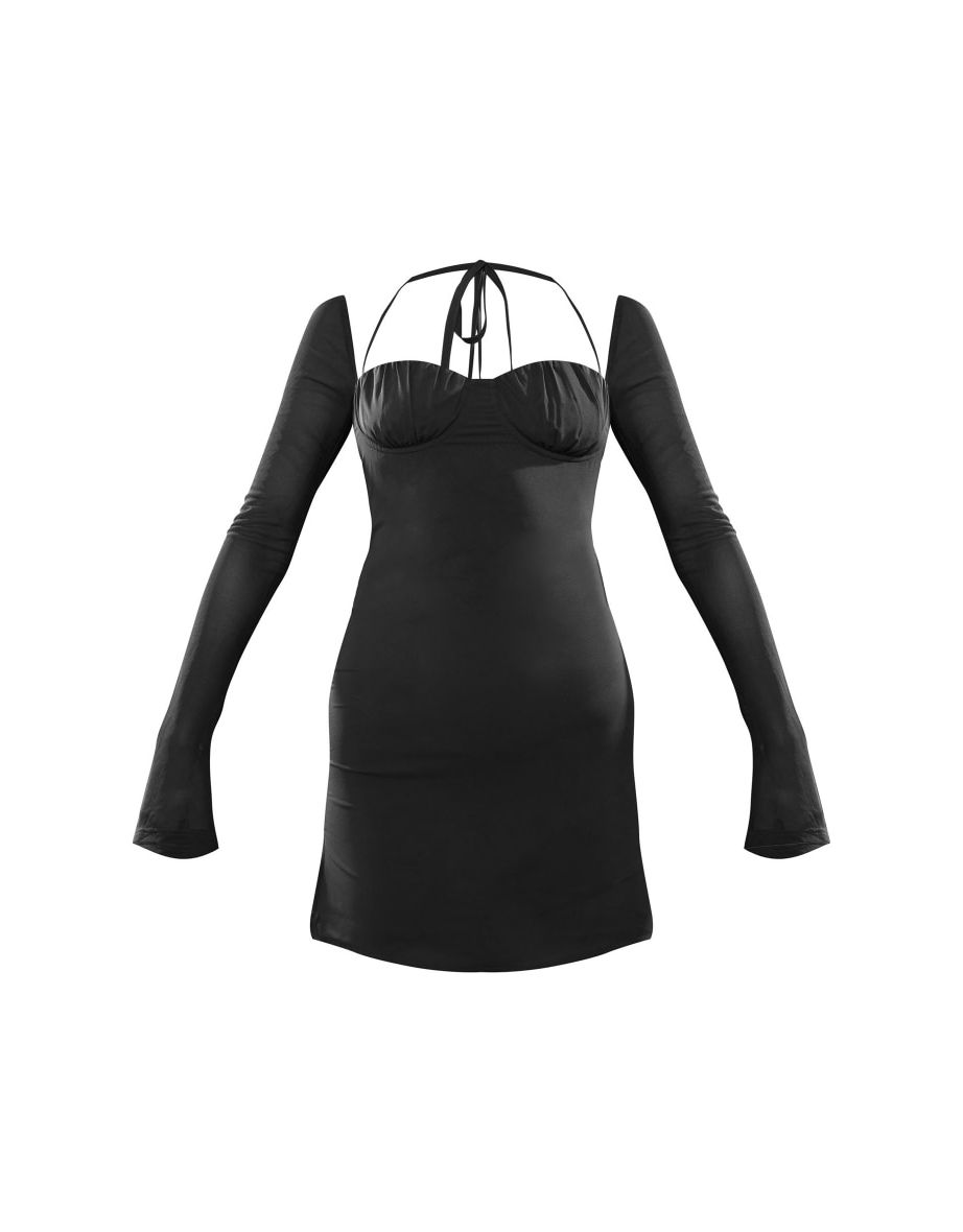 Black Chiffon Long Sleeve Mini Dress - 4