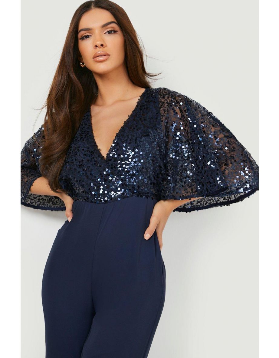 Sequin Flared Sleeve Wide Leg Jumpsuit - navy - 3