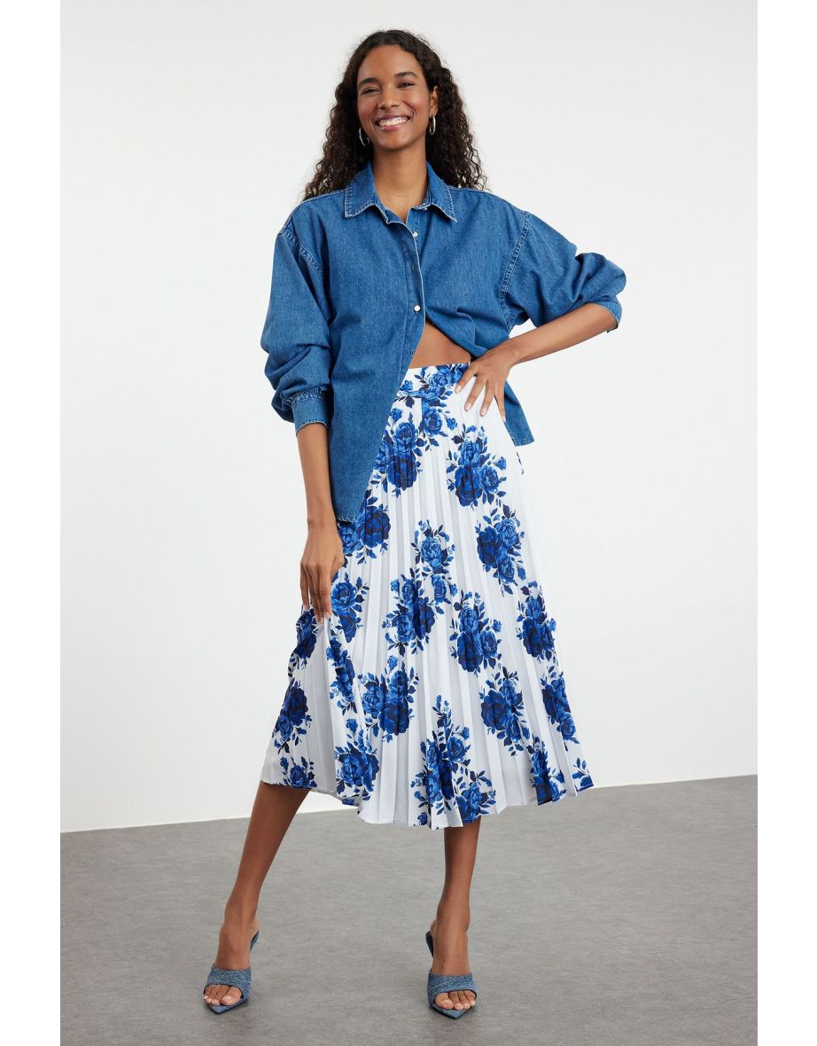 Shop Navy Blue Woven Rose Pattern Pleated Skirt Online in Oman VogaCloset