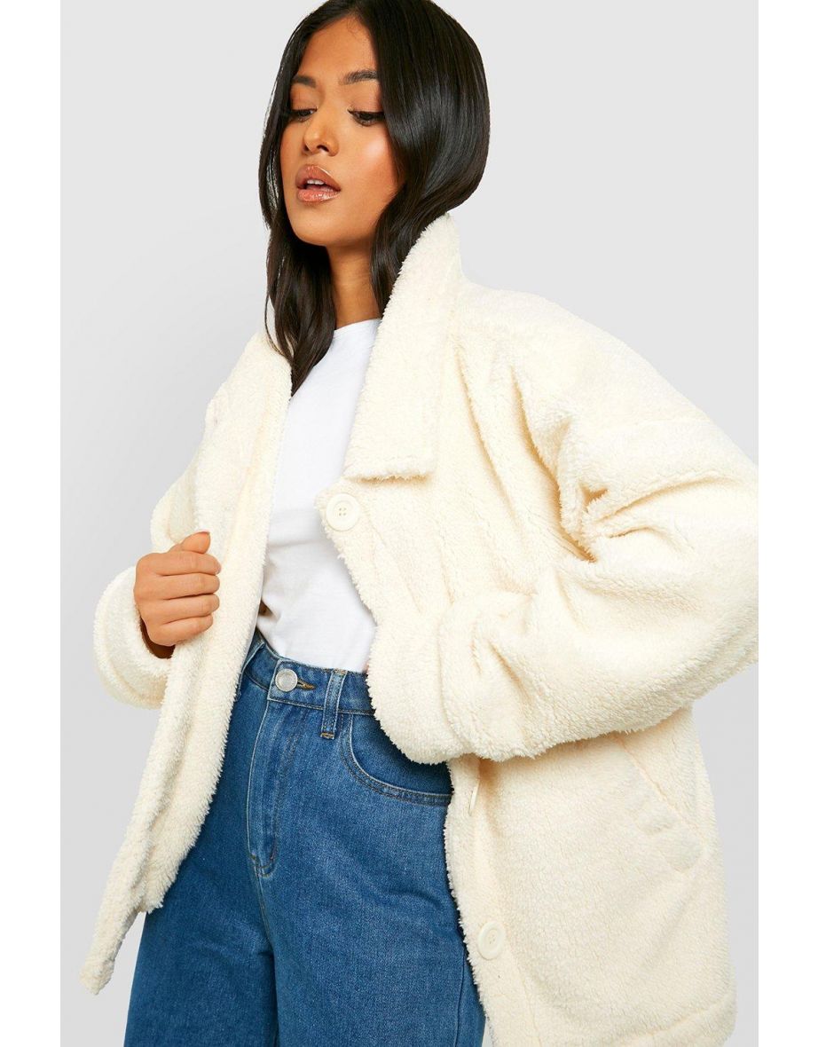 Petite Button Through Teddy Jacket - cream - 3