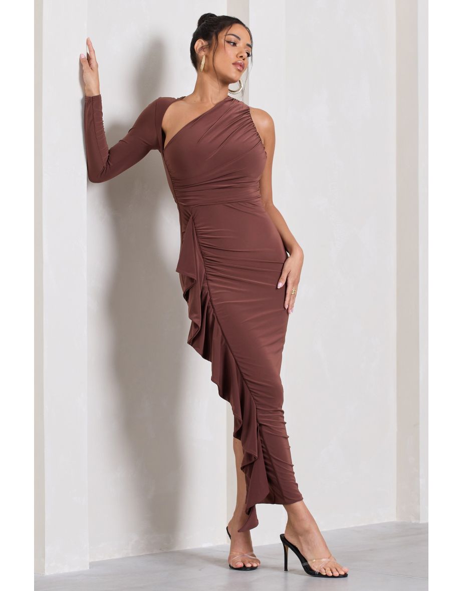 Compass | Brown One-Sleeved Cut-Out Maxi Dress With Ruffle - 4