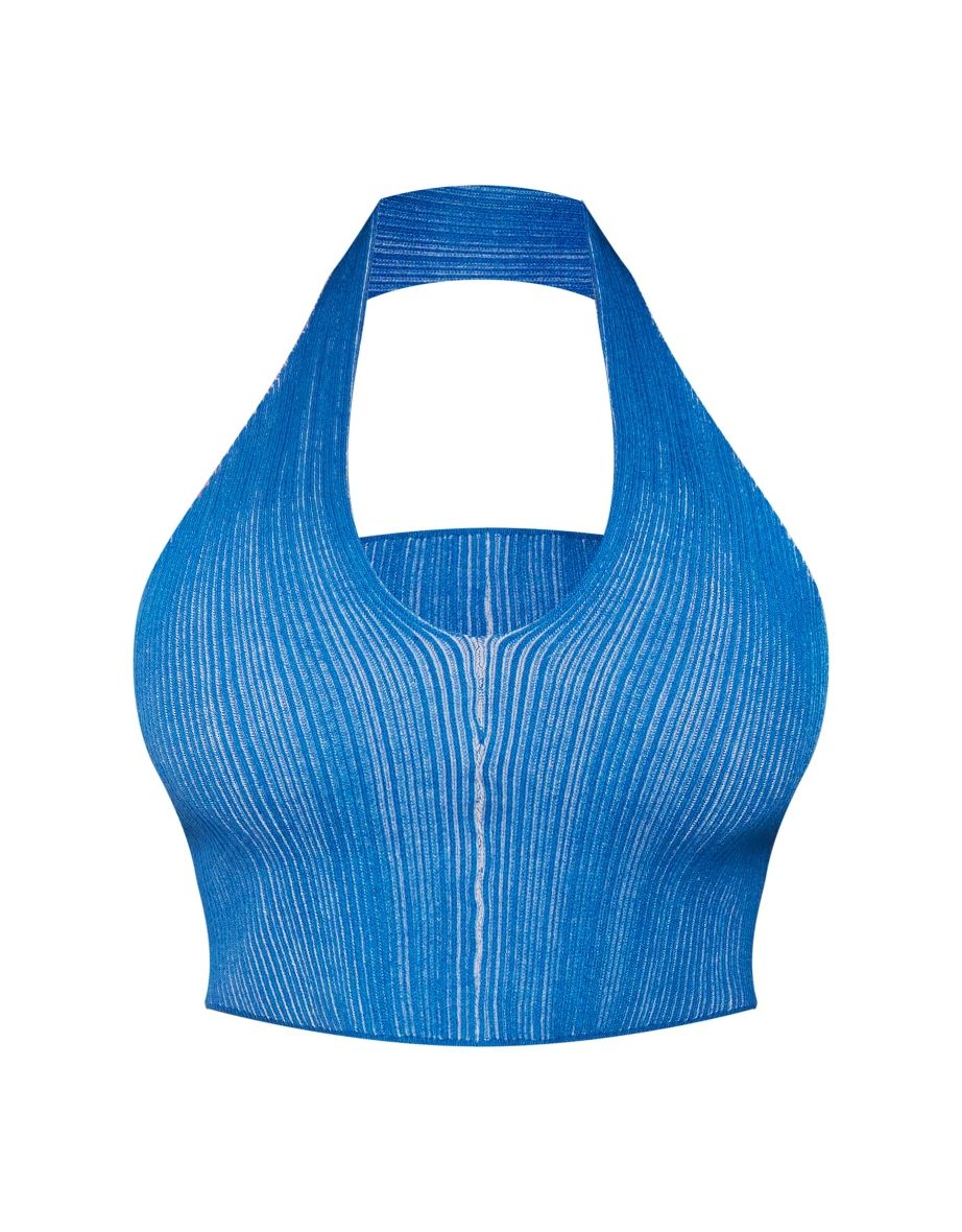 Shape Bright Blue Knit Contrast Halter Neck Crop Top - 4