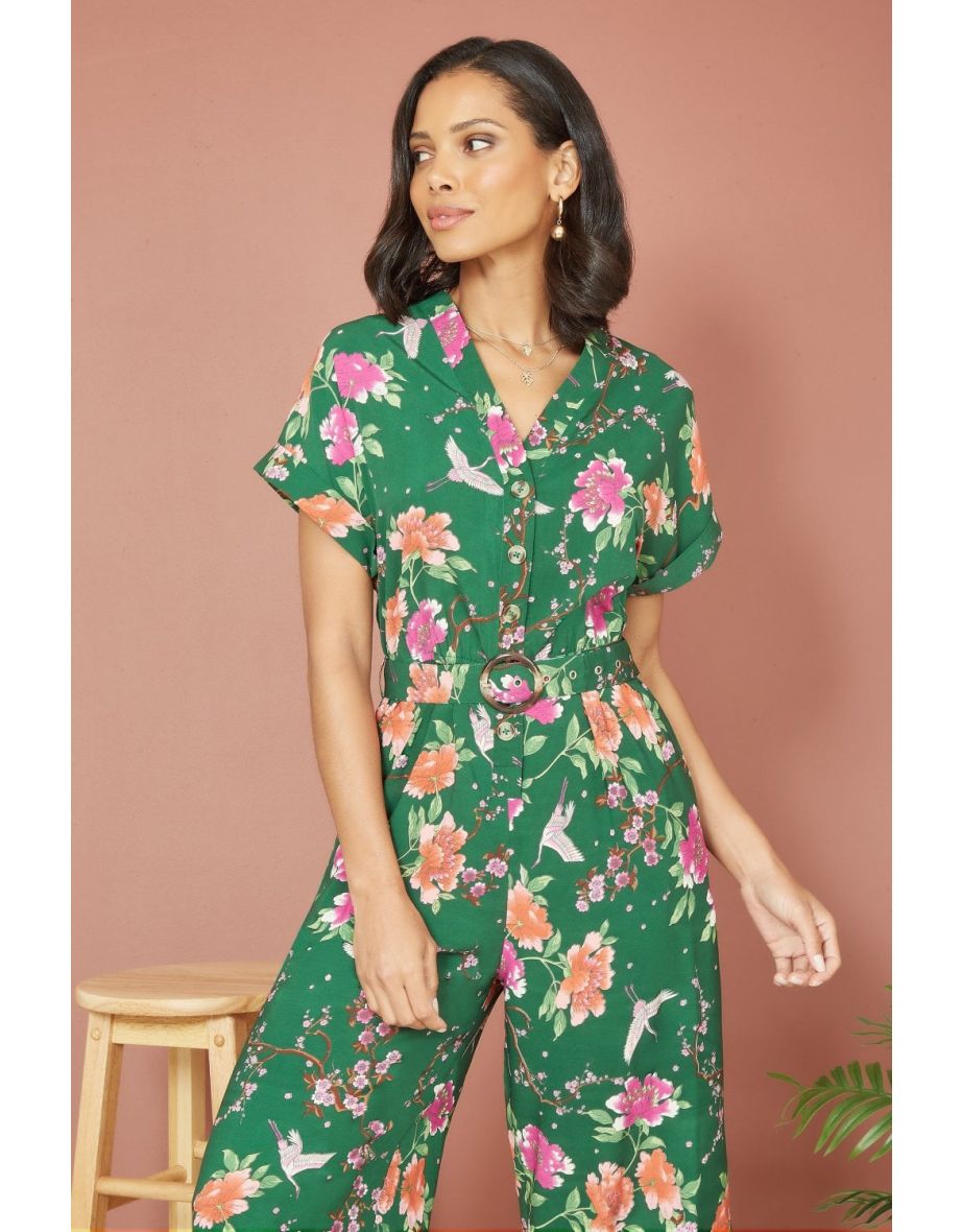 Shop Yumi Green Recycled Crane Print Jumpsuit With Matching Belt Online in Qatar VogaCloset