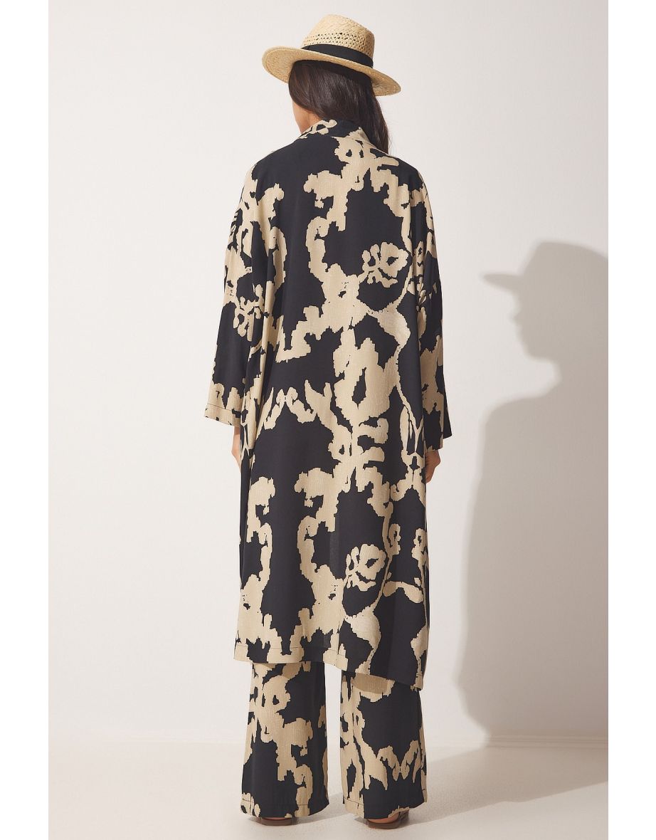 Women's Black Beige Patterned Viscose Kimono Palazzo Pants Suit - 5
