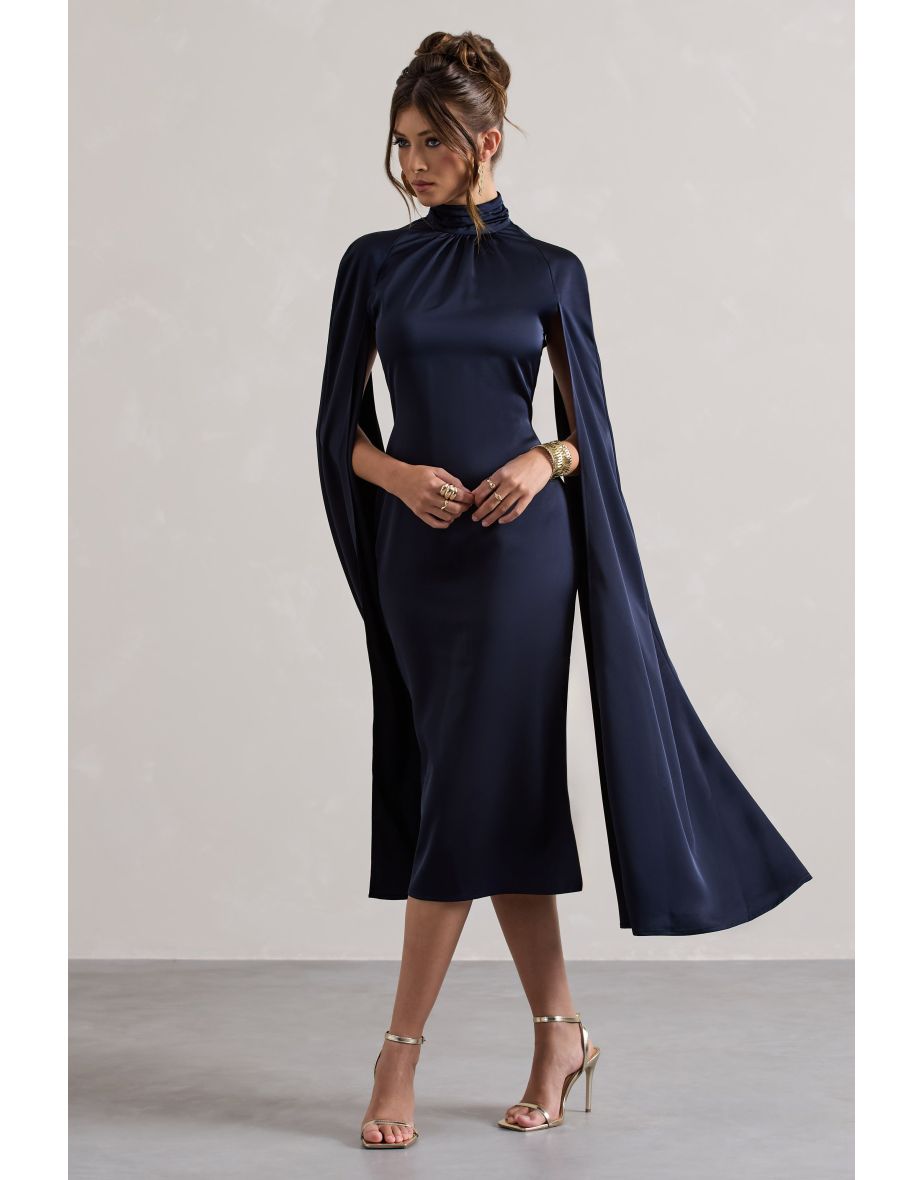 Brogan | Navy Satin High-Neck Midi Dress With Cape Sleeves - 4