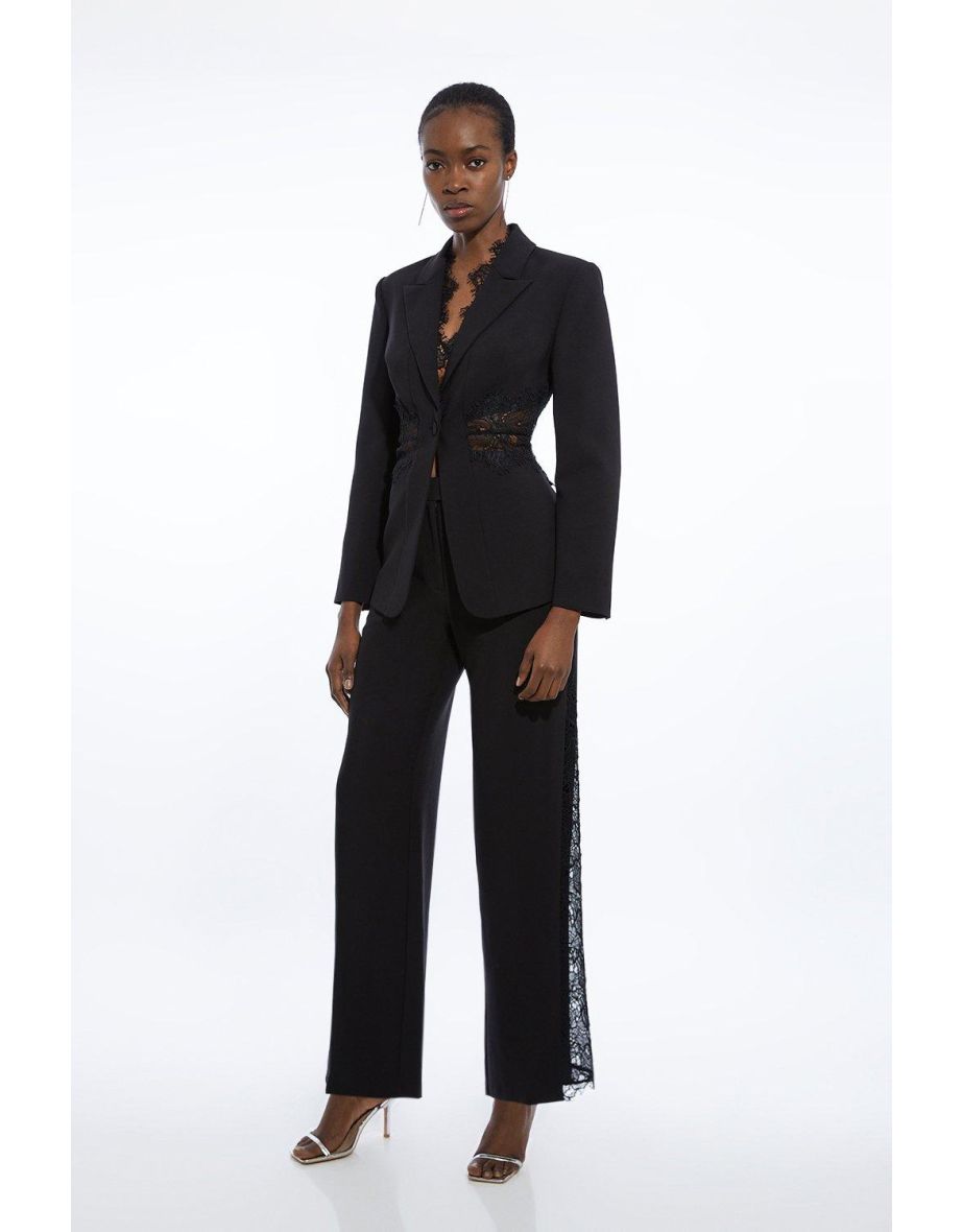 Petite Tailored Lace Detail Straight Leg Trousers
