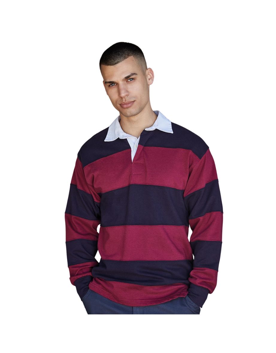 Front Row Mens Stripe Sewn Rugby Polo Shirt - Burgundy/Navy