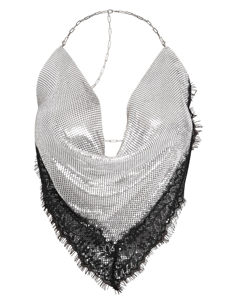 Petite Silver Lace Detail Chainmail Crop Top - 4