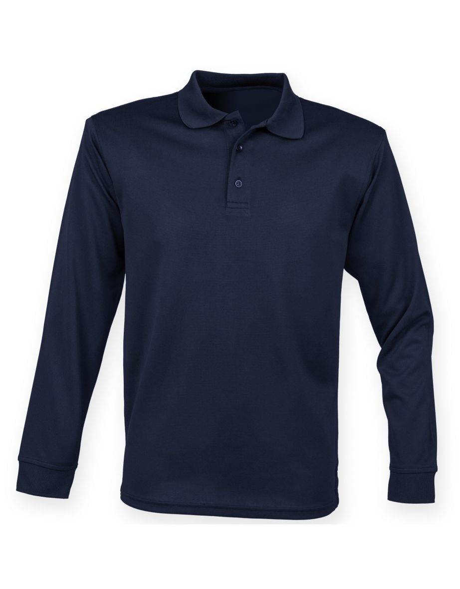 Henbury Mens Coolplus Moisture Wicking Long Sleeve Polo Shirt - Navy