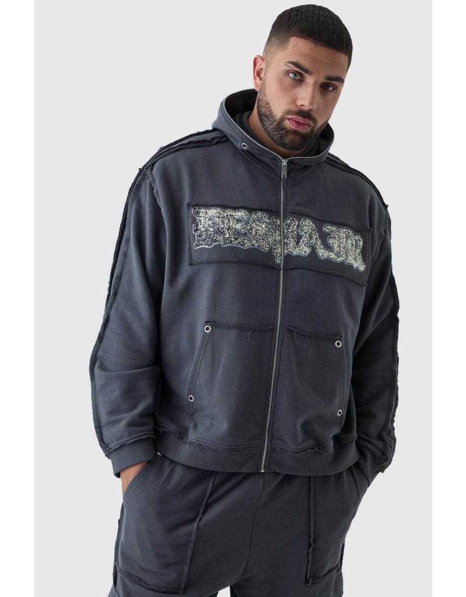 Plus Oversized Boxy Applique Eyelet Zip Through Loopback Hoodie - charcoal